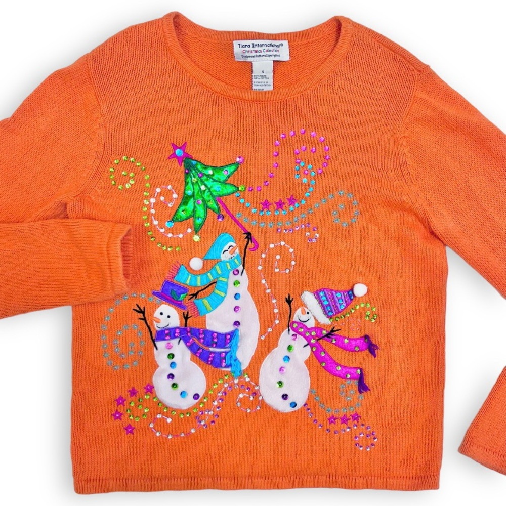Vintage Christmas Sweater Orange Snowmen Sequins Cotton Ramie Size Small